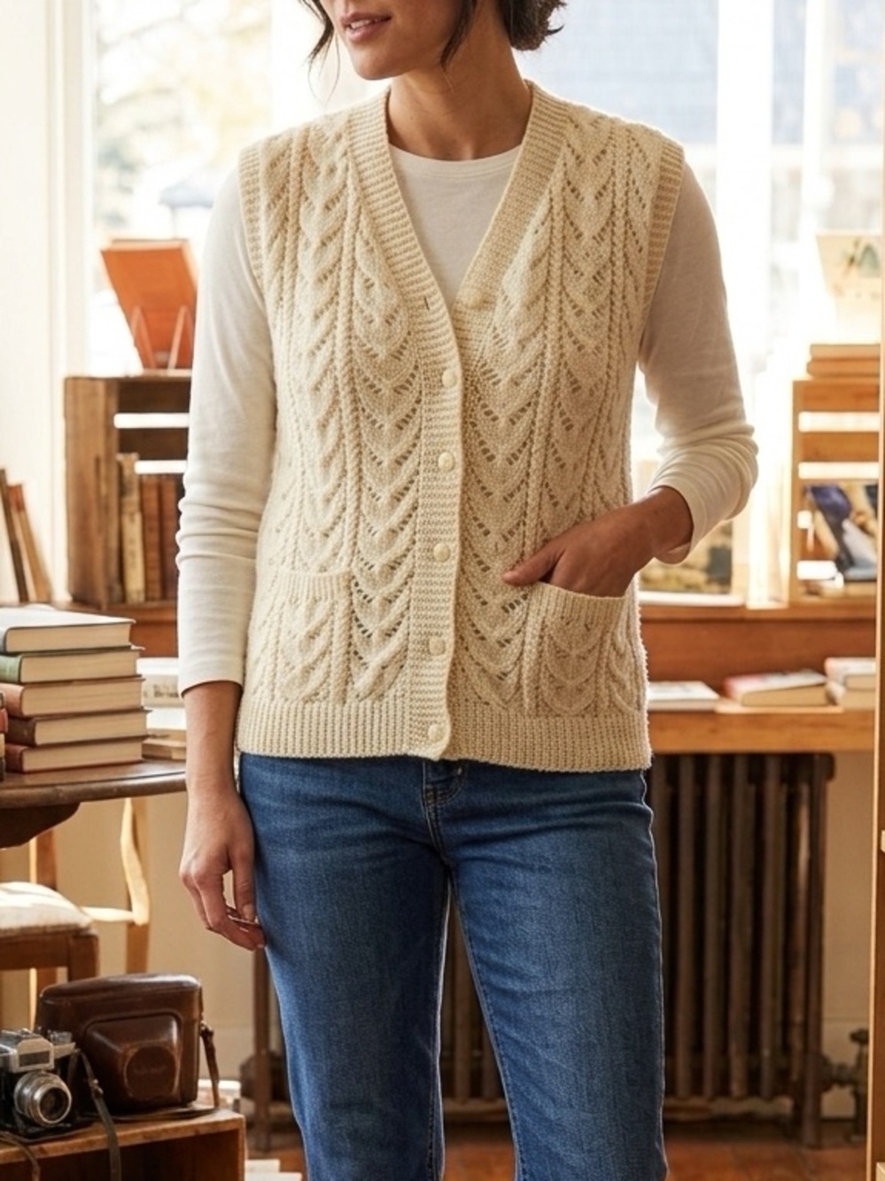 HAND KNIT Button-Up Vest with Front Pockets